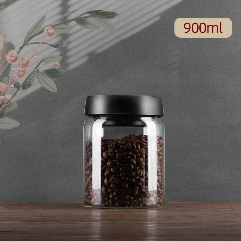 Modern AirVault vacuum seal borosilicate glass jar. Essential for coffee bean storage & kitchen.