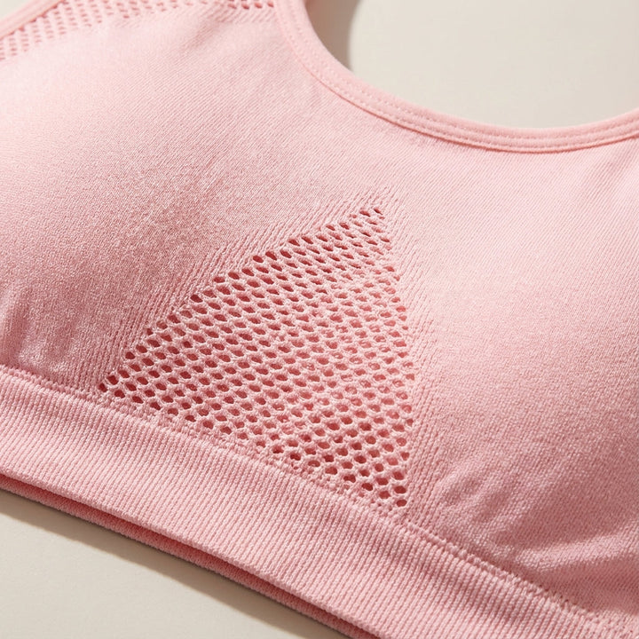 Close-up of Alice seamless sports bra, showing padded cups and comfortable, supportive design for active women