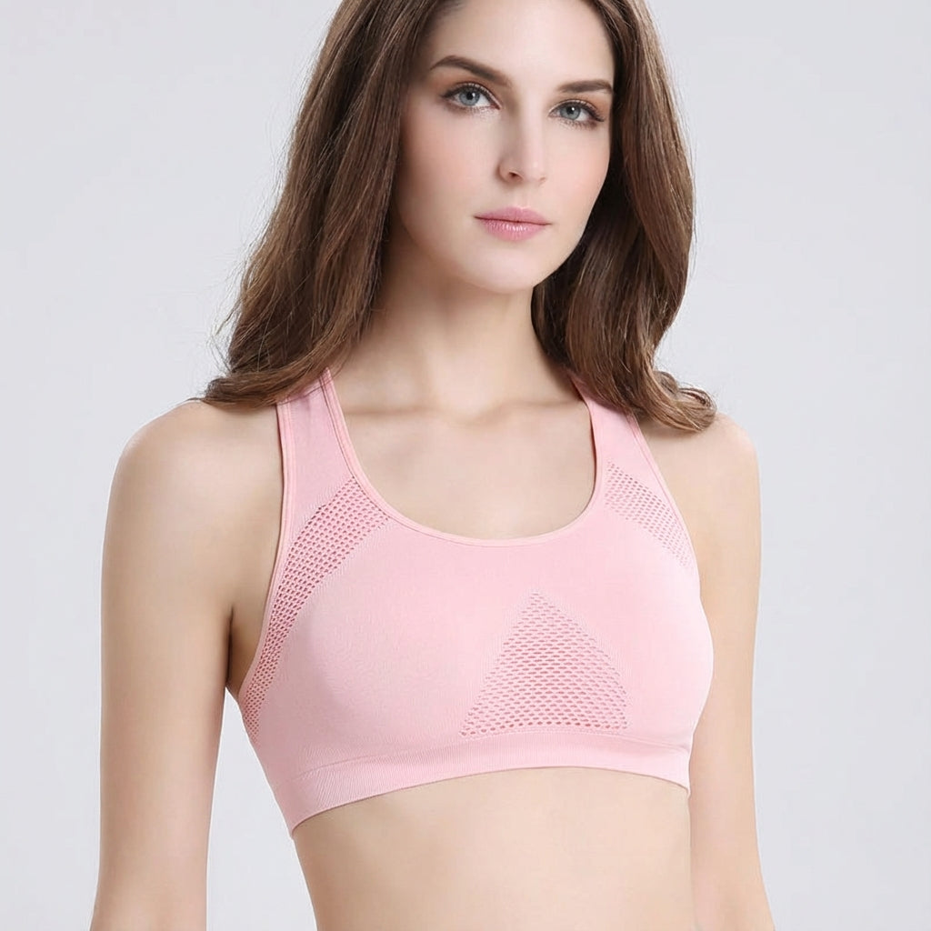 Athletic woman wearing Alice seamless padded sports bra during a workout, showcasing comfortable support & style
