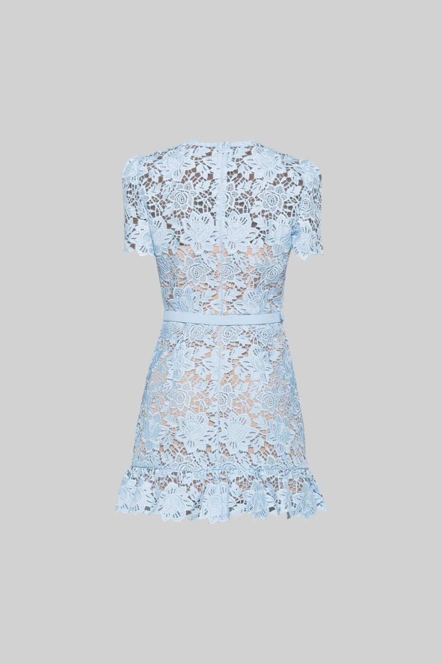 Alina embroidered short sleeve mini dress with a chic waist belt and floral embroidery