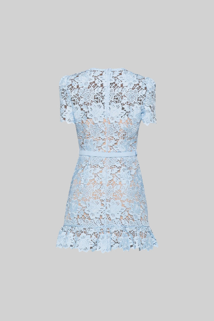 Alina embroidered short sleeve mini dress with a chic waist belt and floral embroidery
