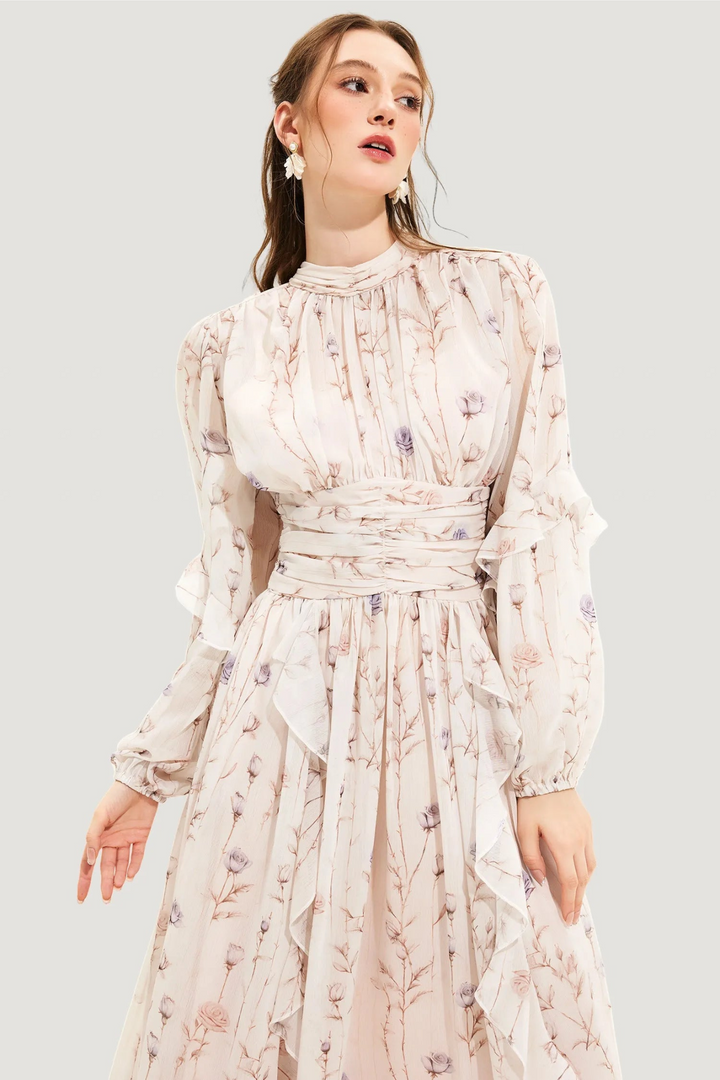 Alina Women's Floral Print Pleated Summer Dress, a beige casual dress with a vibrant floral pattern perfect for parties.
