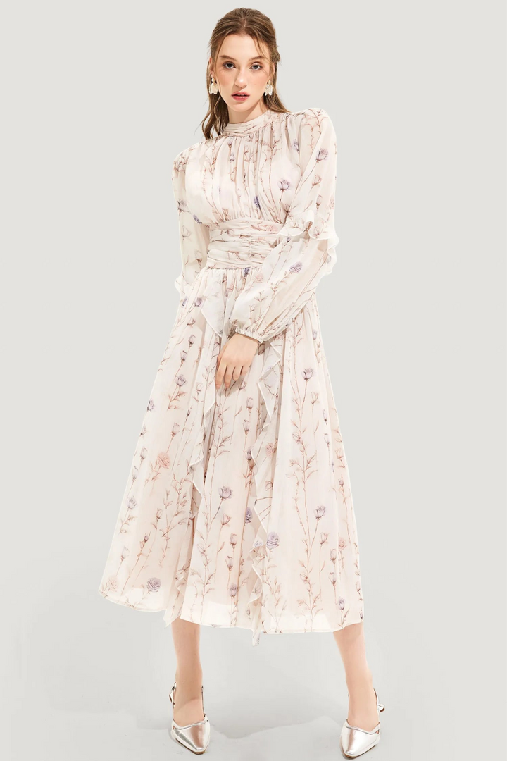 Beige casual summer dress with a floral print and elegant pleated skirt, ideal women's apparel for various occasions.