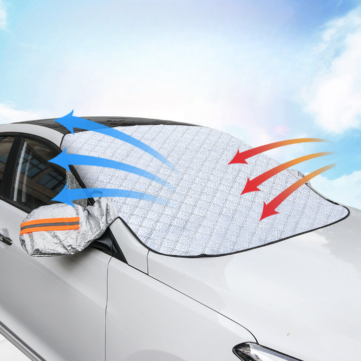 Premium magnetic all-weather car windscreen cover; prevents frost, ice, snow & sun damage.