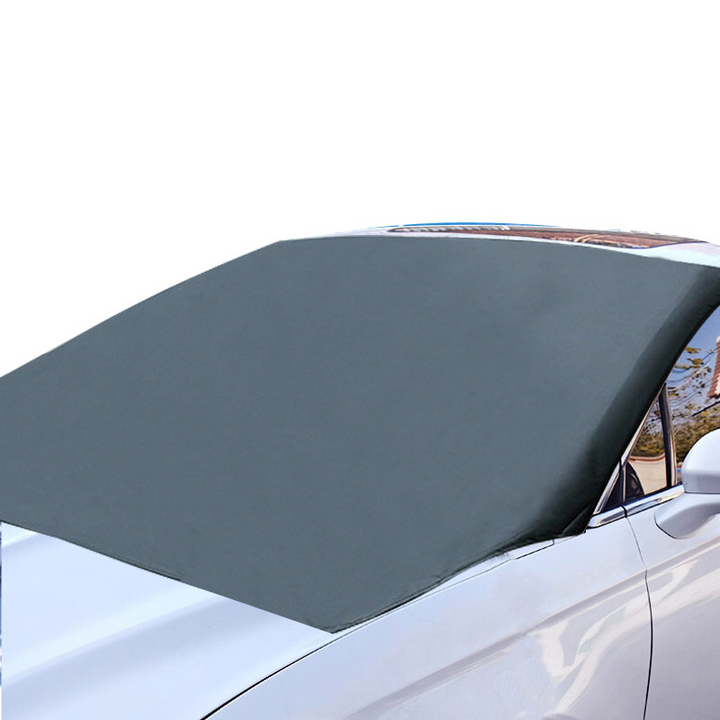 Magnetic all-weather car windscreen cover: snow, ice, sun protection with anti-theft features.