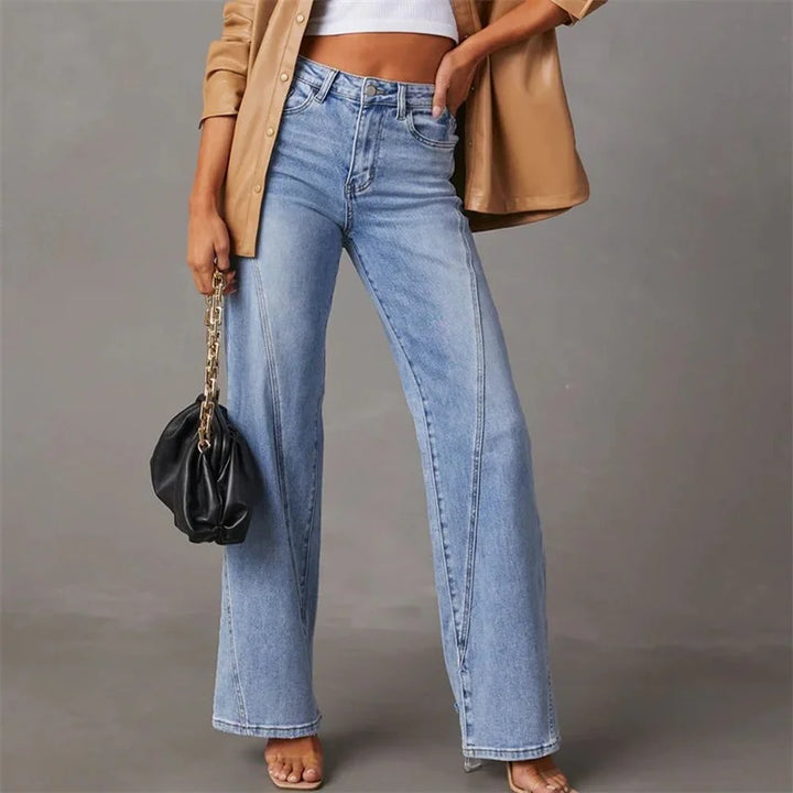 Amarine women's trendy high-waist flared jeans in blue denim, perfect for stylish casual or chic outfits.