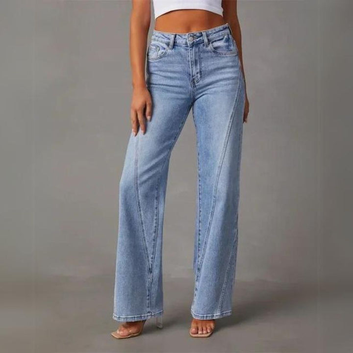 Stylish women's flared denim jeans with a comfortable high-waist fit, ideal for a trendy and versatile look.