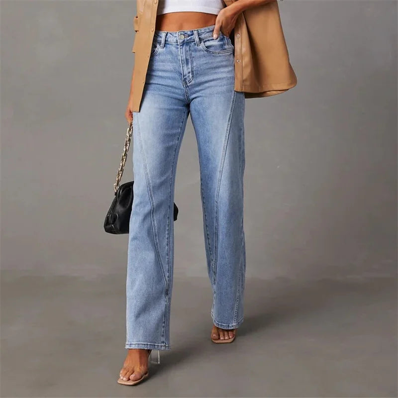 Chic women's flared denim jeans, high-waist and trendy, creating a comfortable and stylish look for any occasion.