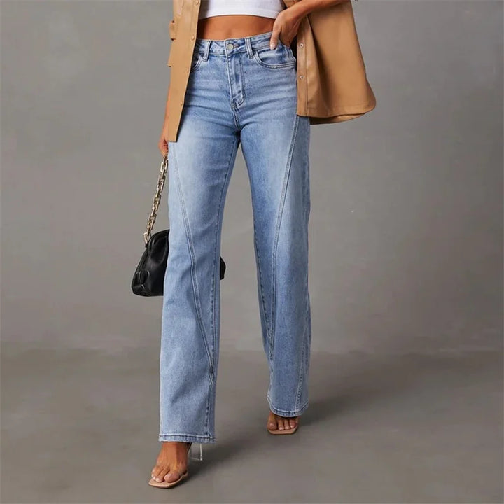 Chic women's flared denim jeans, high-waist and trendy, creating a comfortable and stylish look for any occasion.