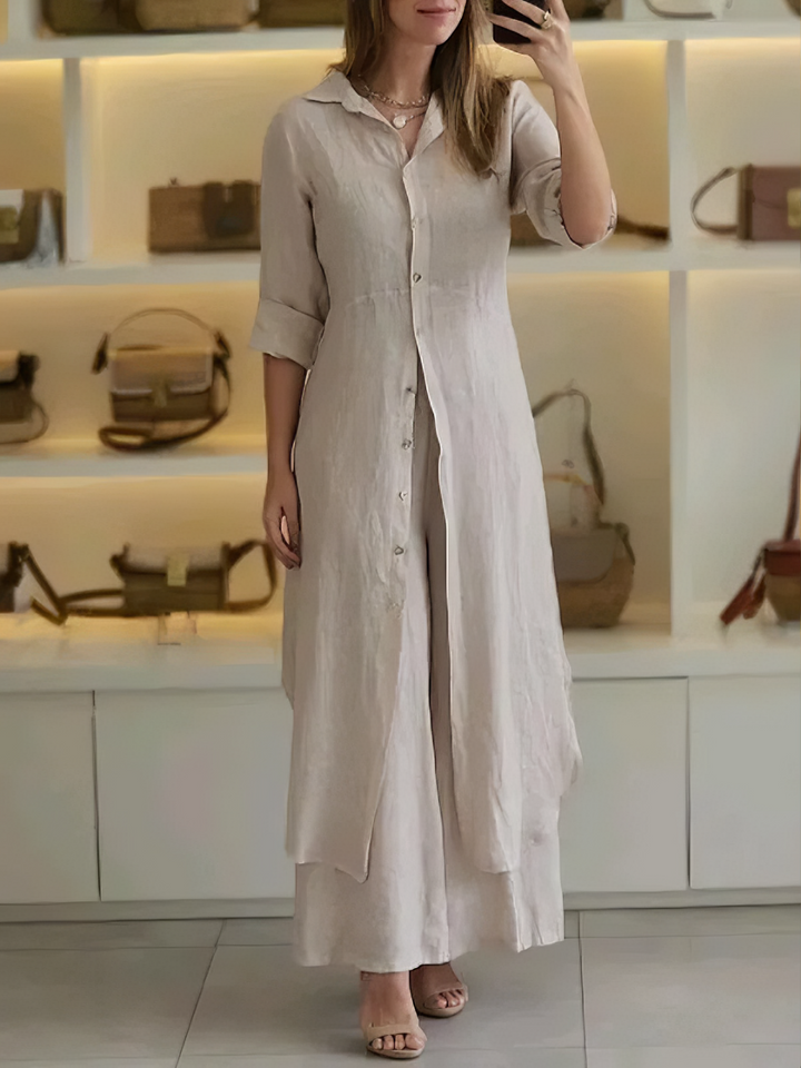 Amaya women's linen two-piece summer set, button-up top & wide-leg pants, casual chic loungewear
