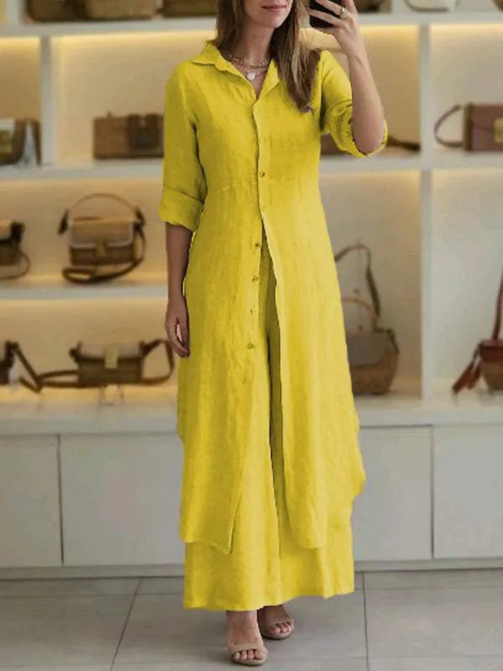 Women's 'Amaya' two-piece linen outfit: button-up top and comfortable wide-leg pants for summer