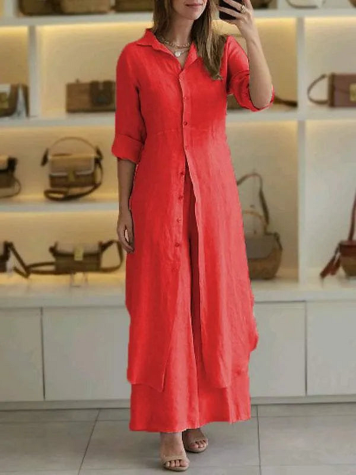 Casual chic women's linen set, 'Amaya', featuring a button-up top and versatile wide-leg pants