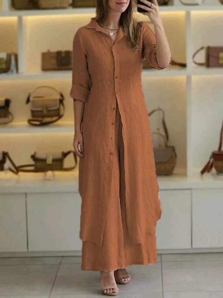 Amaya women's summer linen set, two-piece with a stylish button-up top and flowy wide-leg pants