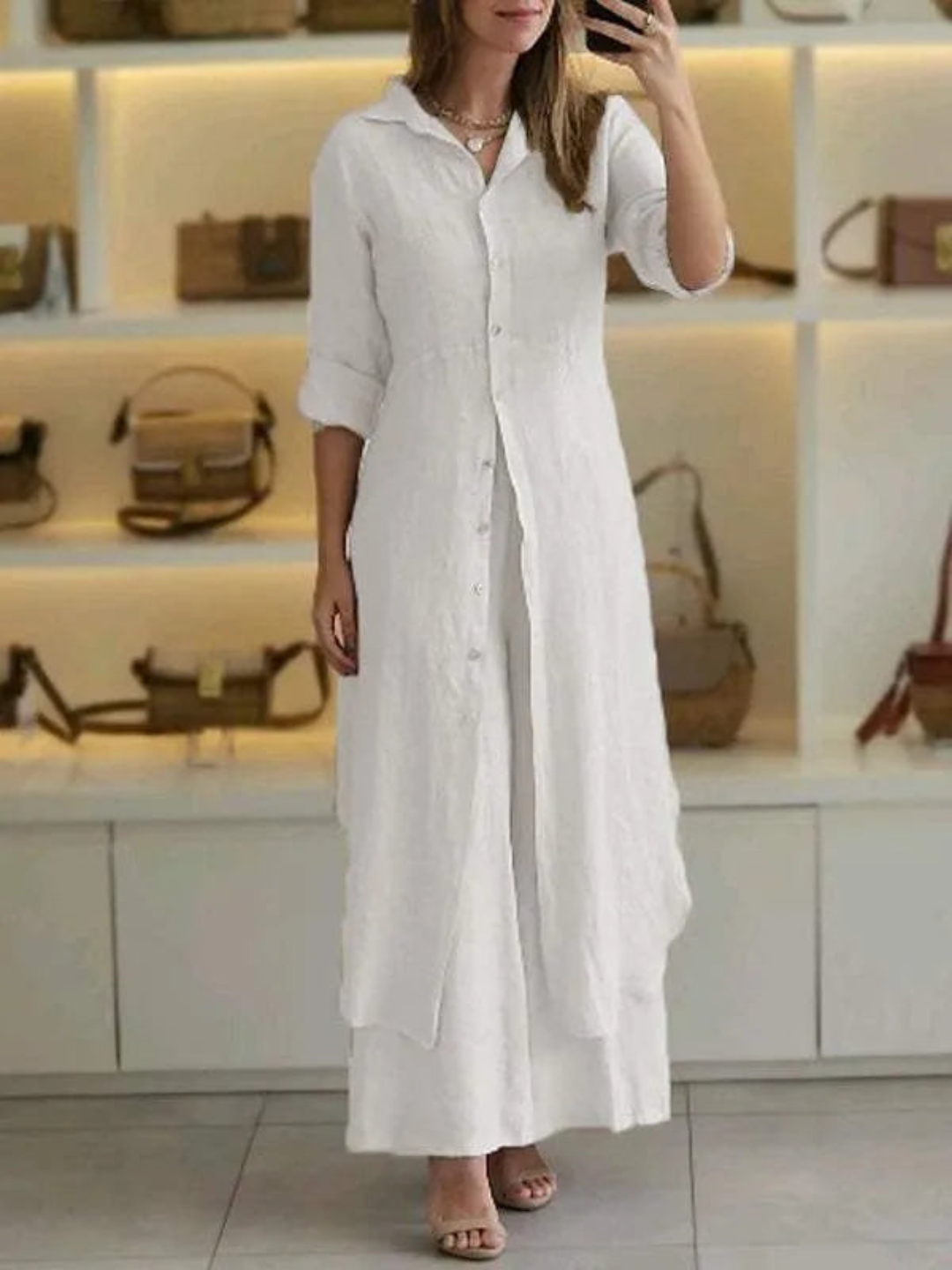 Versatile women's linen loungewear set 'Amaya', button-up top and wide-leg pants, light and comfy