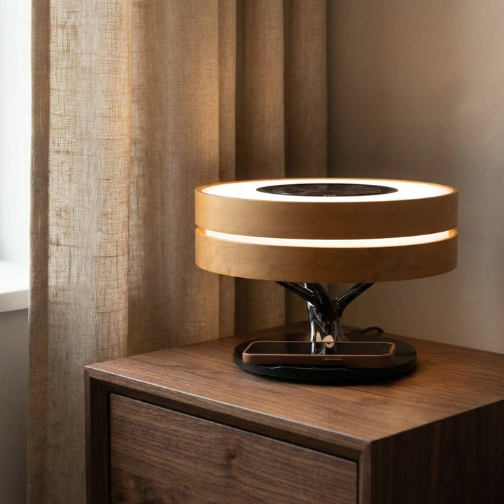 AmbiLuxe wireless charging lamp with Bluetooth speaker, modern LED desk light for smart home.