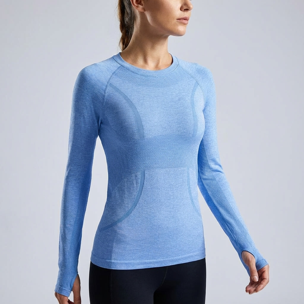 Close-up of a pink Amelia long sleeve quick-dry running shirt, ideal for women's fitness