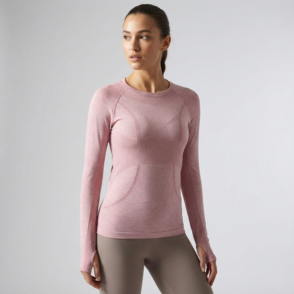 Amelia women's long sleeve running shirt in purple with quick-dry fabric, comfortable workout top
