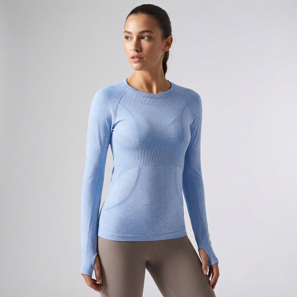 Detail of a grey Amelia long sleeve quick-dry running shirt, showcasing breathable athletic wear