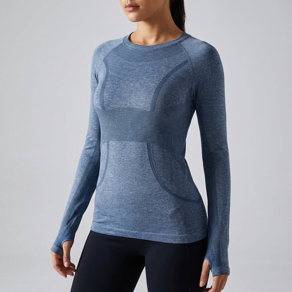 Model in a green Amelia long sleeve quick-dry running shirt, perfect for women's sportswear