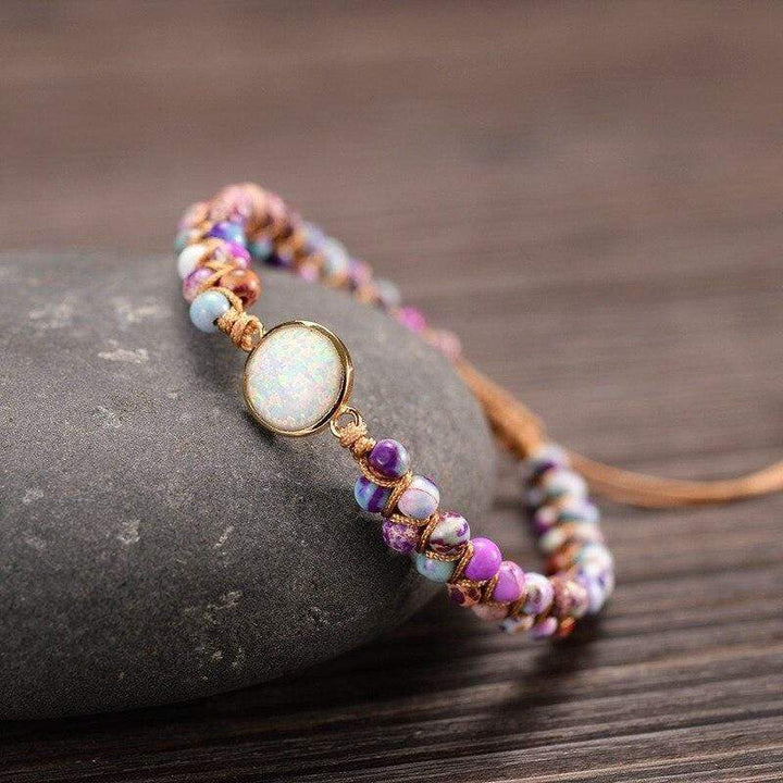 Stacked Amethyst & Opal yoga bracelets, showcasing natural gemstones & spiritual style.