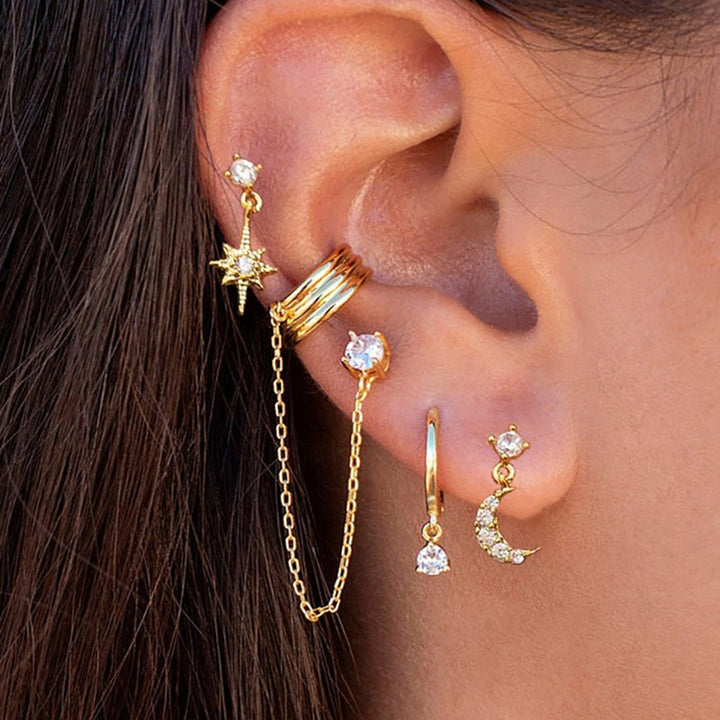 Amira Boho Chic earring set with gold hoops, silver studs, and chain cuff, hypoallergenic for women