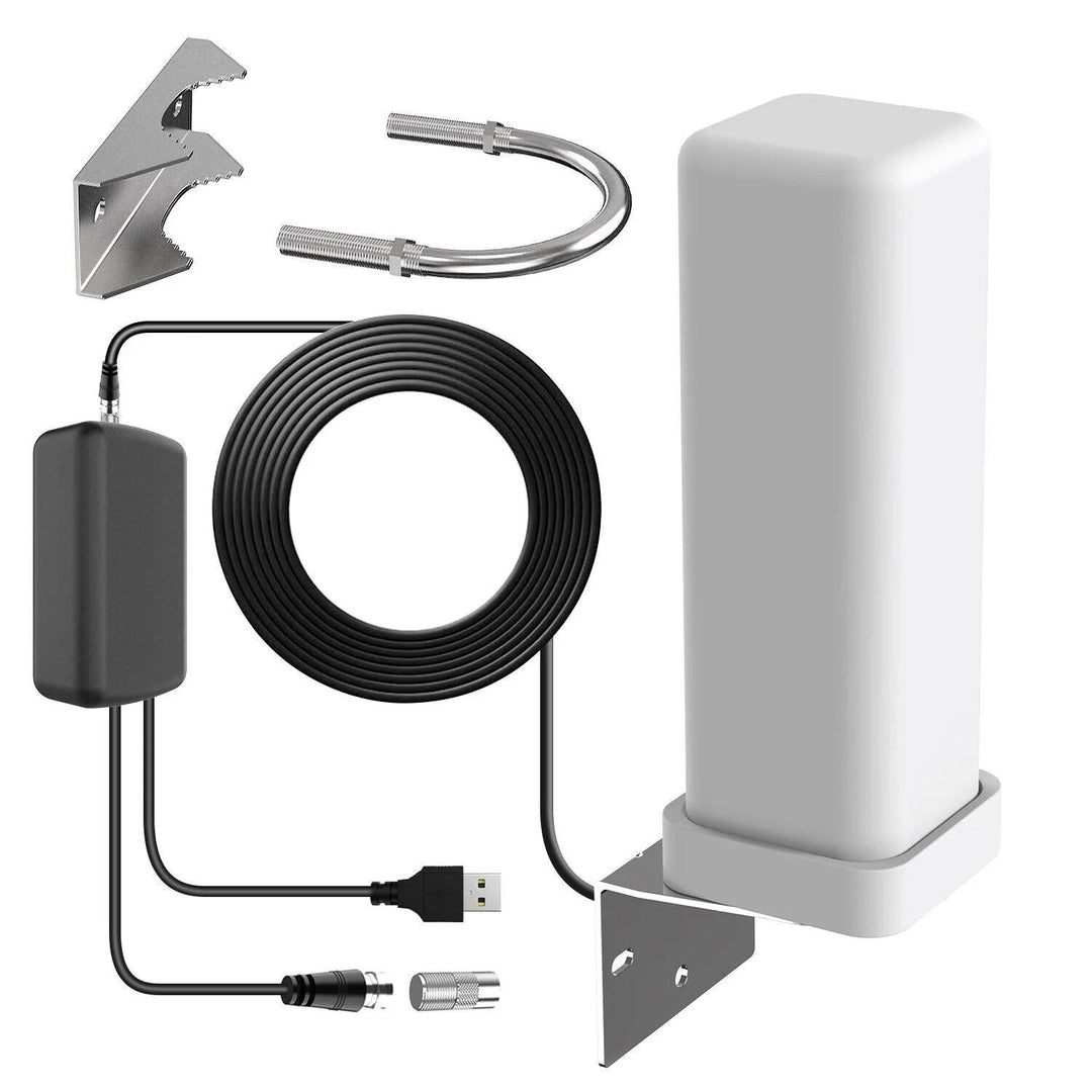 Amplified 360° outdoor HDTV antenna for long-range digital TV reception up to 460 miles, weatherproof.