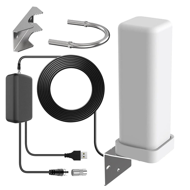 Amplified 360° outdoor HDTV antenna for long-range digital TV reception up to 460 miles, weatherproof.