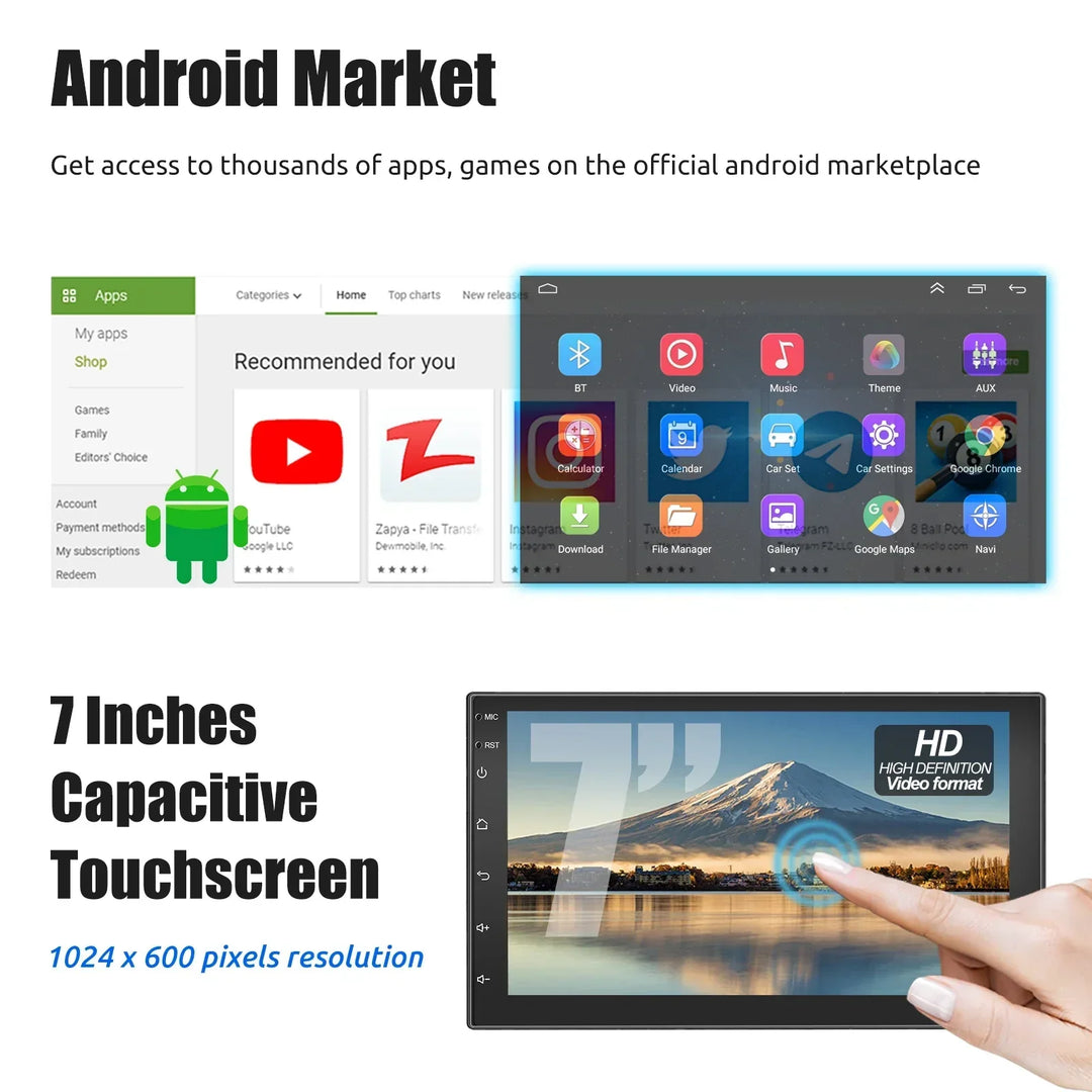 Universal Android car stereo featuring Apple CarPlay and Android Auto for seamless smartphone integration.