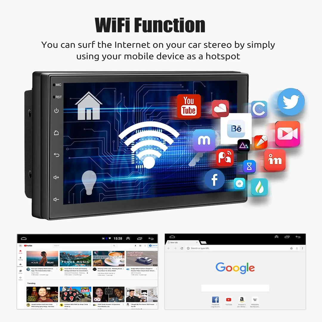 Universal car stereo unit displaying its modern design, compatible with most vehicle dashboard openings.