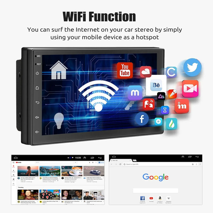 Universal car stereo unit displaying its modern design, compatible with most vehicle dashboard openings.