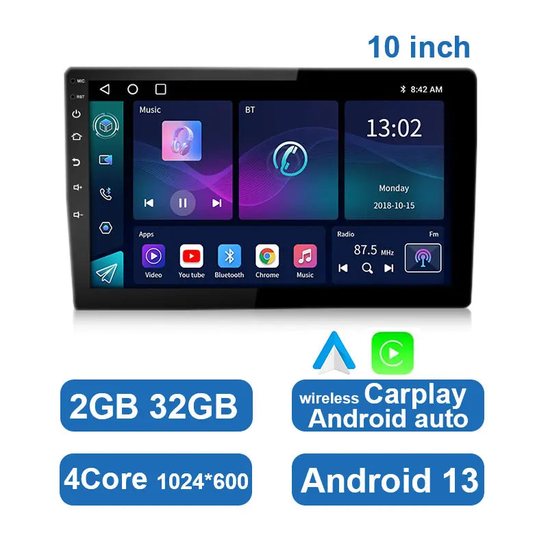 In-car entertainment system: universal Android stereo with Bluetooth connectivity for audio streaming.