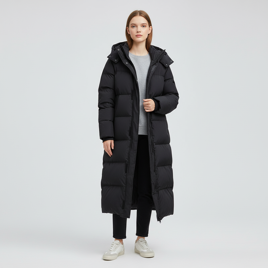 Women's long down jacket, Annalena style, featuring water-repellent fabric, ideal warm winter outerwear