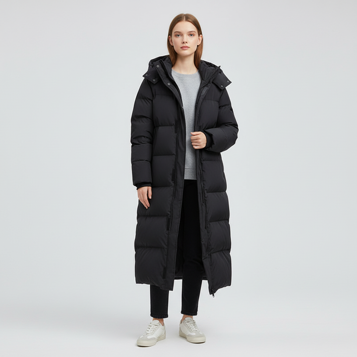 Women's long down jacket, Annalena style, featuring water-repellent fabric, ideal warm winter outerwear