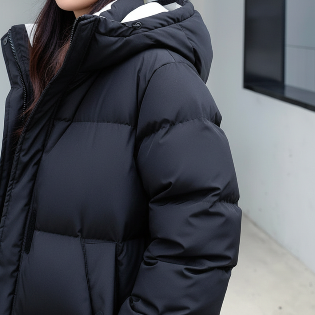 Insulated women's long down jacket, Annalena, shown in full length, perfect for cold weather fashion