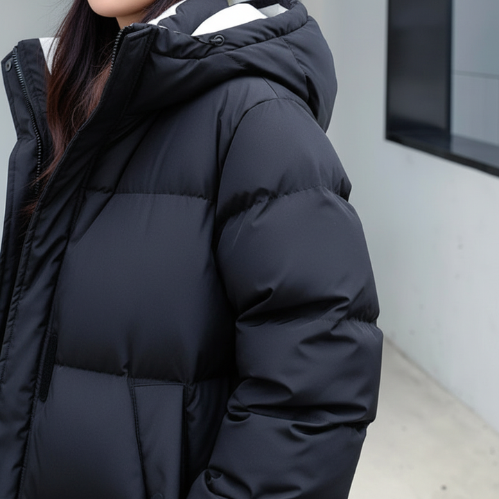 Insulated women's long down jacket, Annalena, shown in full length, perfect for cold weather fashion
