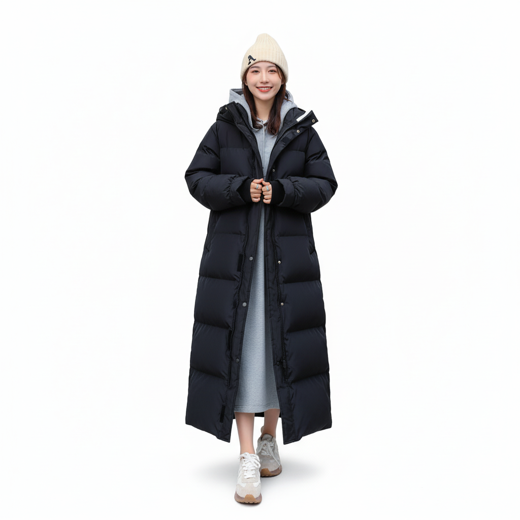 Warm women's Annalena long down jacket; a stylish, water-repellent, insulated winter coat