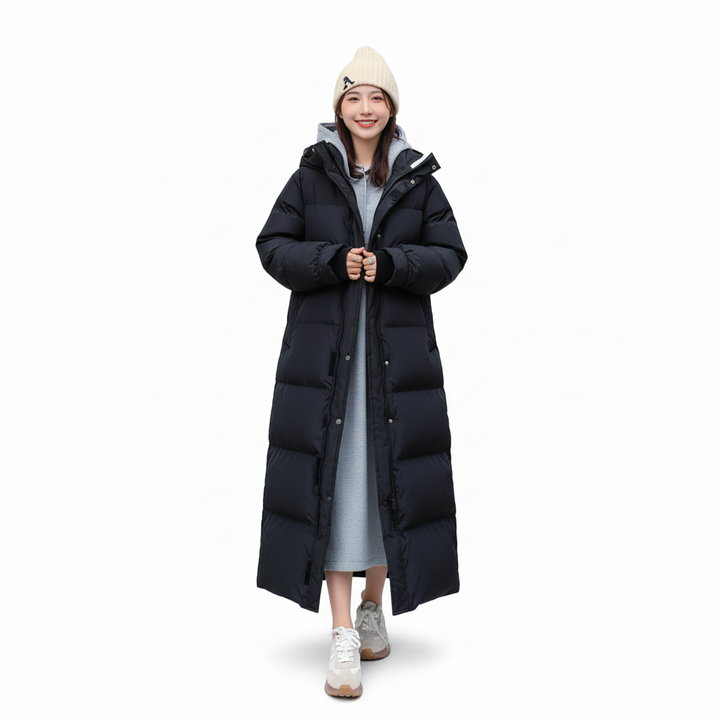 Warm women's Annalena long down jacket; a stylish, water-repellent, insulated winter coat