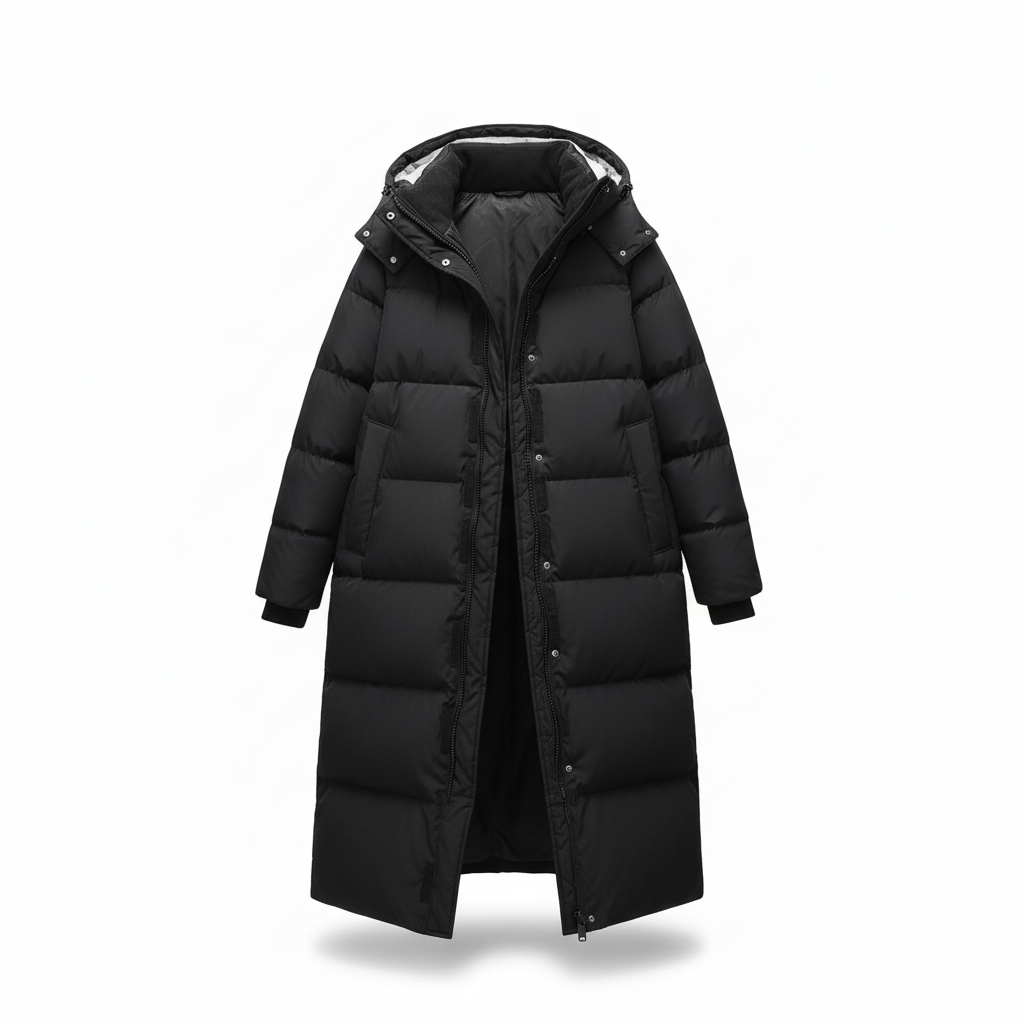 Annalena women's long down jacket, close-up of water-repellent material, highlighting insulated warmth