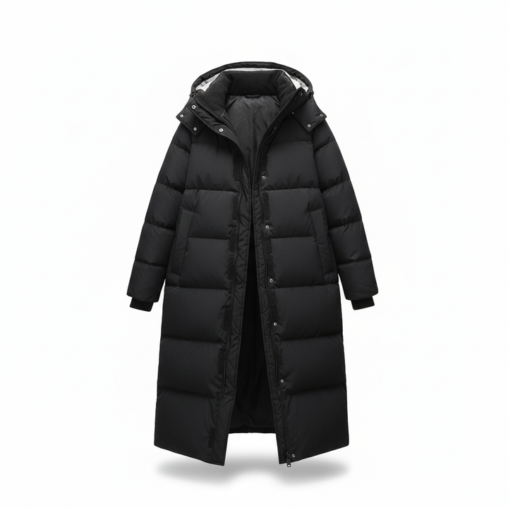 Annalena women's long down jacket, close-up of water-repellent material, highlighting insulated warmth