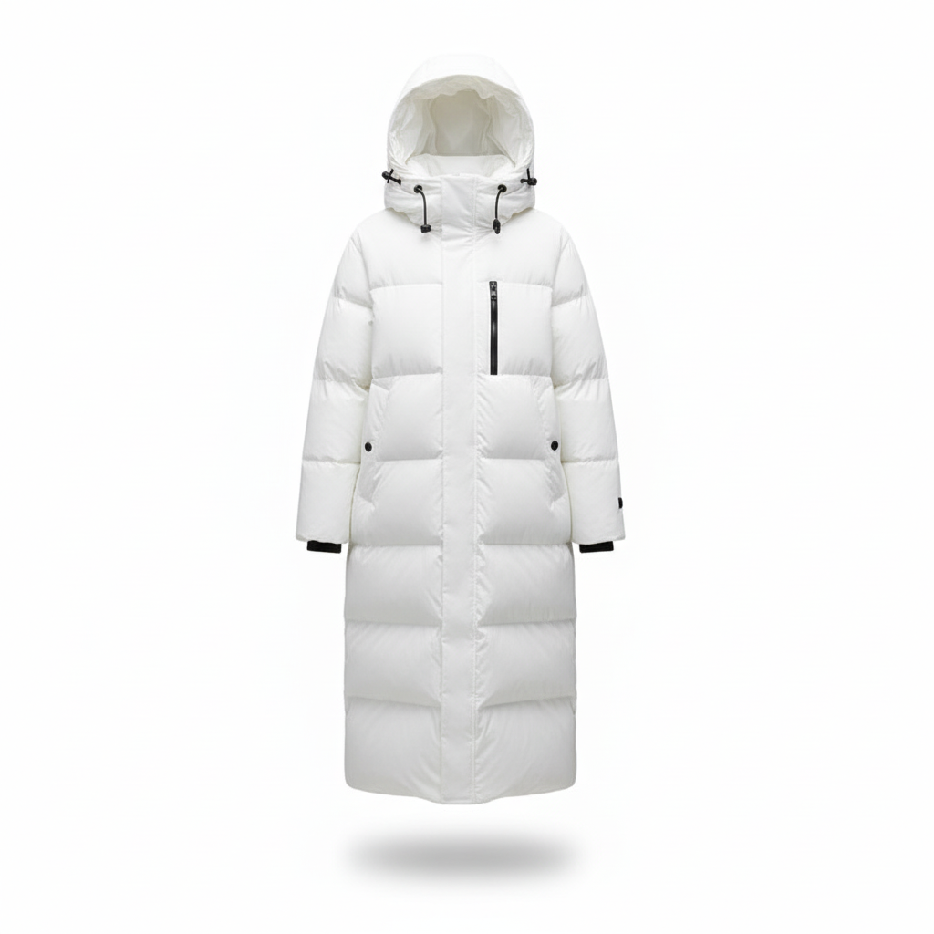 Full-body shot of a woman wearing the Annalena long down jacket, showcasing its elegant fit and warmth