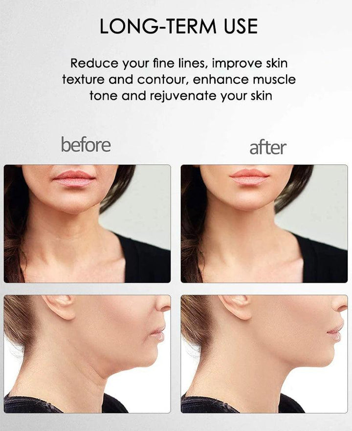 Facial massager with microcurrent technology for firming face, chin, jawline, and neck.