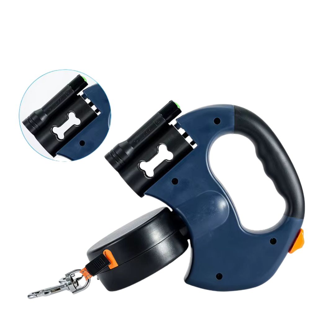 Happy owner walking two dogs with the anti-tangle double dog leash, demonstrating smooth, tangle-free outdoor pet walks.