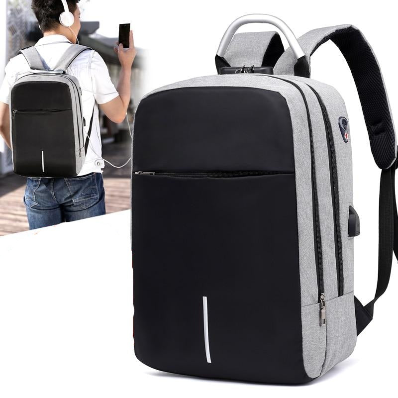 Anti-theft travel backpack, water-resistant SafeCarry, gray, showing hidden zippers and USB charging port.