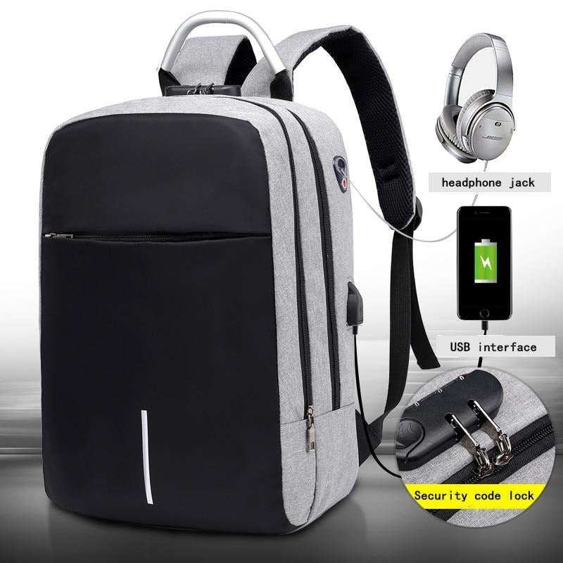 Unisex SafeCarry anti-theft backpack, water-resistant, with a side view of its sleek design and USB port.