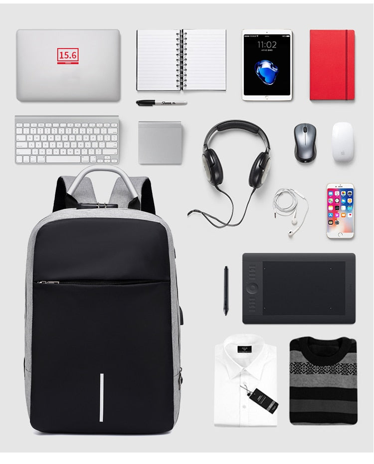 SafeCarry laptop backpack open, revealing organized compartments, water-resistant, USB charging feature.