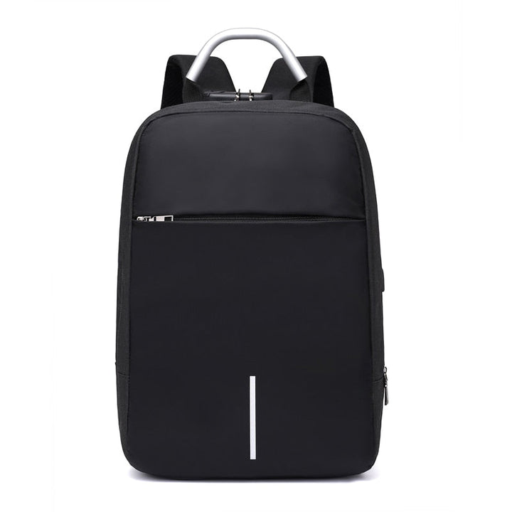 Detail of the integrated USB charging port on the gray SafeCarry unisex anti-theft travel backpack.