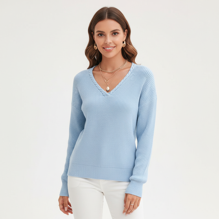 Antonia women's V-neck sweater, a stylish and comfortable pullover, suitable for everyday casual wear.