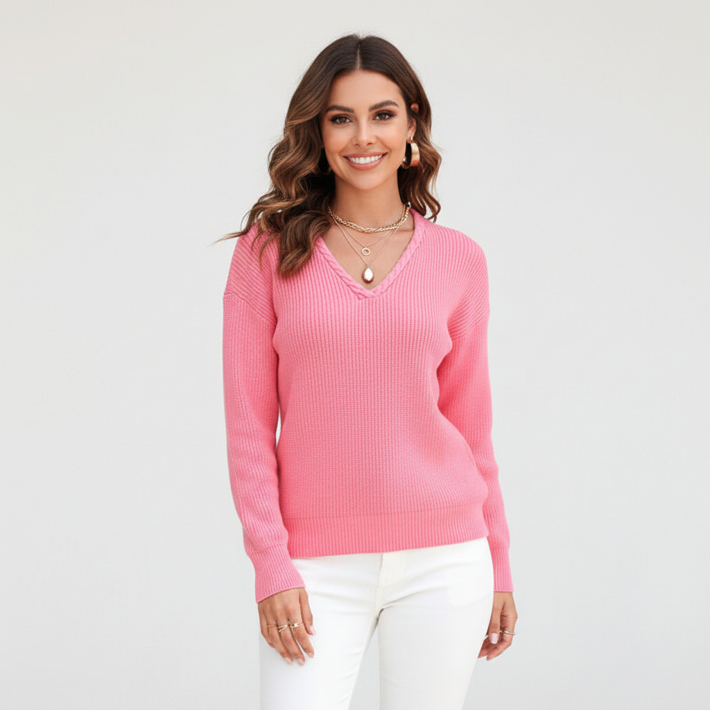 Full shot of women's Antonia V-neck knitted sweater demonstrating its flattering fit and layering potential.