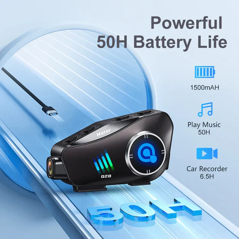 Close-up of ApexRide Bluetooth motorcycle helmet camera, 1080P HD, waterproof design