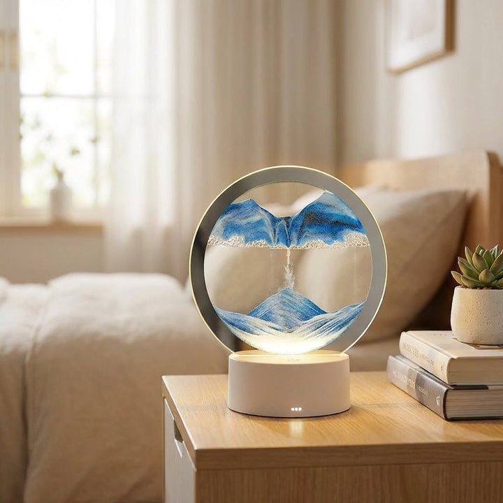 AquaDrift LED Sand Art Lamp, modern circular design, dynamic sand flow, ambient lighting, relaxation gift